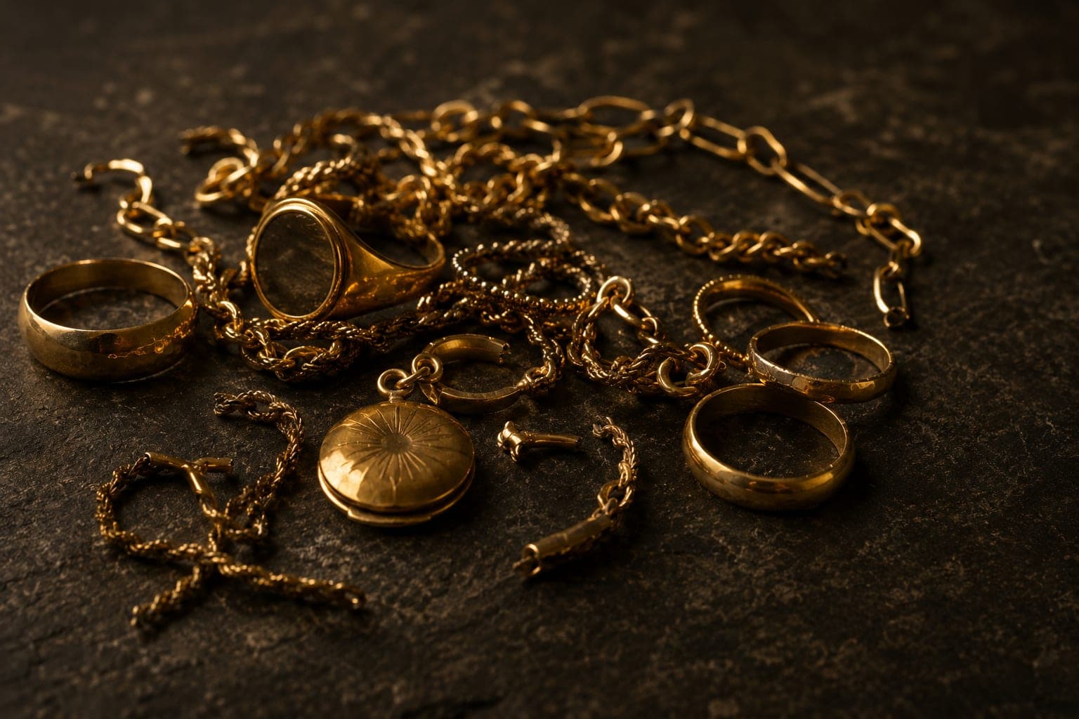 Lot de bijoux en or usagés en vrac — chaînes, bagues et maillons cassés prêts pour l'estimation